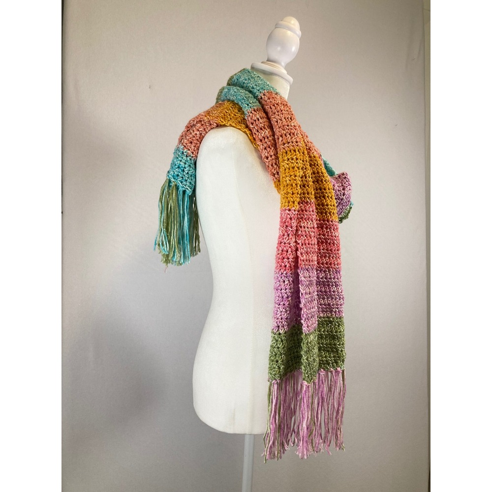 Boho Crochet Women Multicolor Rainbow Striped Fringe Chunky Scarf - Picture 5 of 6